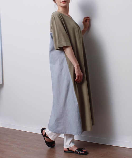 MB mint breeze（エムビーミントブリーズ）の「【LL～6L 大きいサイズ】【WEB/一部店舗限定】異素材切替えAラインワンピース（ワンピース・レディース・カーキ/グレー/ネイビー・LL/3L/4L/5L/6L）」の9枚目の写真
