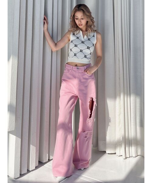 【新品】GADA ハイウエストパンツ ハイウエストSIDE BELT CUTデザインフレアデニムパンツ[品番