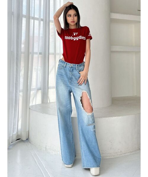 GYDA（ジェイダ）の「ハイウエストRIPPERSワイドパンツ（デニムパンツ・レディース・ライトブルー/オフホワイト/ピンク・MEDIUM/SMALL）」の13枚目の写真