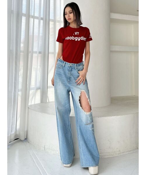 GYDA ハイウエストパンツ セール】ハイウエストthigh highダメージデニムパンツ（デニム
