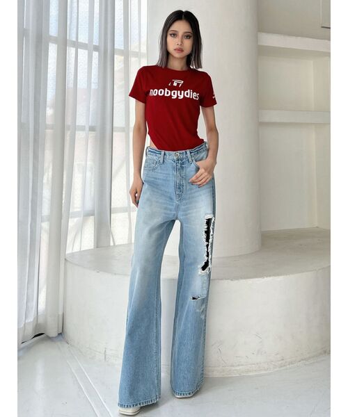 【TOTEME】ジップフロント ワイドパンツ サイドピンタックブリーチウォッシュロングワイドデニム ／ Side