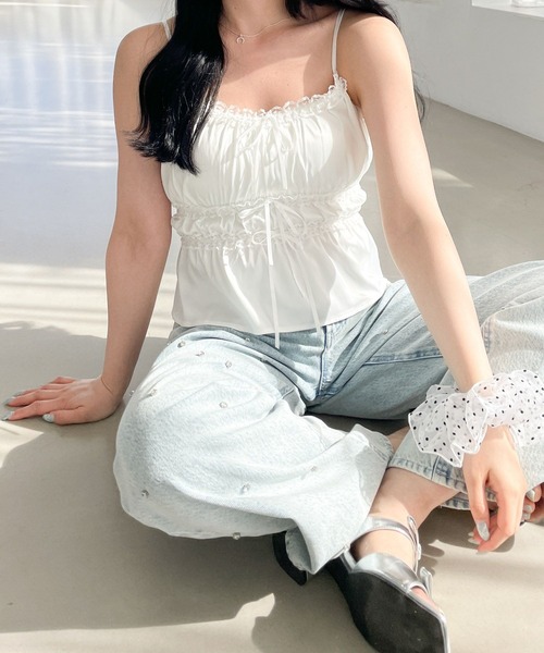 reine レザーキャミソール（カップ付き） セール】フロントギャザー クロスストラップ カップ付き