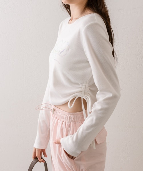 OLIVE des OLIVE(オリーブデオリーブ)の「きらきらドロストTシャツ(Tシャツ/カットソー・レディース・ブラウン/ピンク/ブラック/サックスブルー/オフホワイト・FREE)」の9枚目の写真