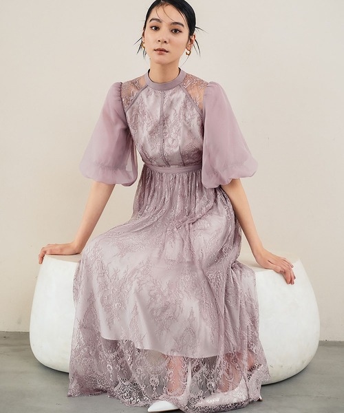 総レースハイネックバルーンスリーブ フレア ロング 結婚式