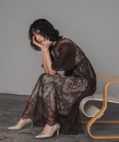 パーティードレス レースワンピース ベージュ バルーンスリーブ 【SALE