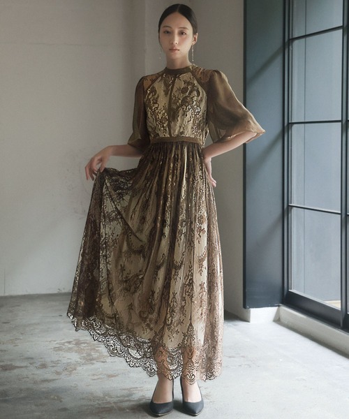 総レースハイネックバルーンスリーブ フレア ロング 結婚式