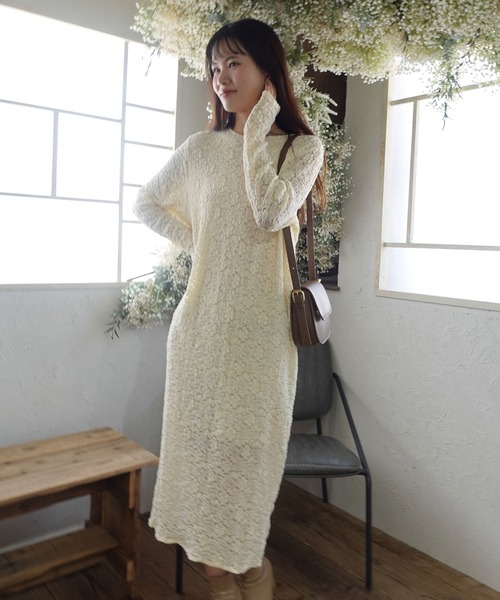 アイボリー レース装飾 ロングワンピース 配色リボン総レースロングワンピース – BUNNY APARTMENT