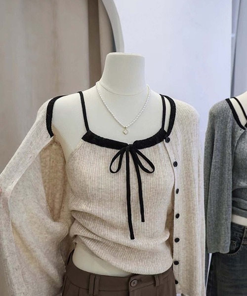 Girly Doll(ガーリードール)の「配色ニットカーディガン&キャミソールセット(カーディガン/ボレロ・レディース・グレー/ブラック/ベージュ/オフホワイト・FREE)」の14枚目の写真