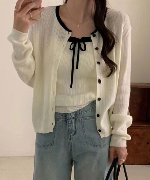 Girly Doll(ガーリードール)の「配色ニットカーディガン&キャミソールセット(カーディガン/ボレロ・レディース・グレー/ブラック/ベージュ/オフホワイト・FREE)」の5枚目の写真