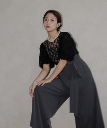 チェックチュールパフスリーブパンツドレス