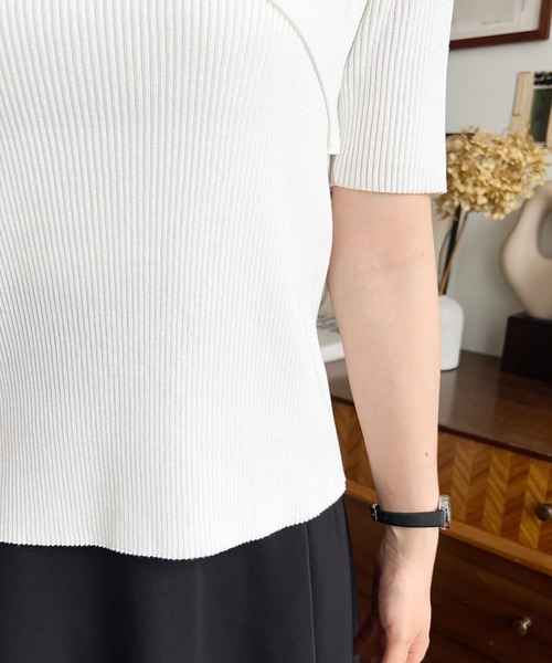 セール】アシンメトリーオフショルダーSS半袖リブニットプルオーバー