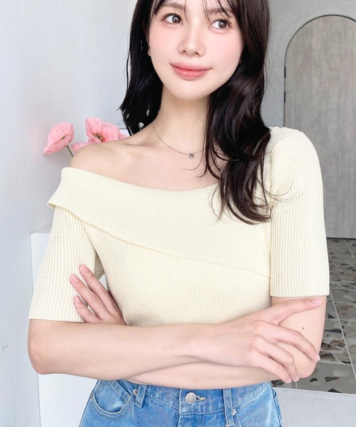 MACHATT オフショルダーリブニット 半袖 MACHATT マチャット オフショルダーリブニットトップス 新品