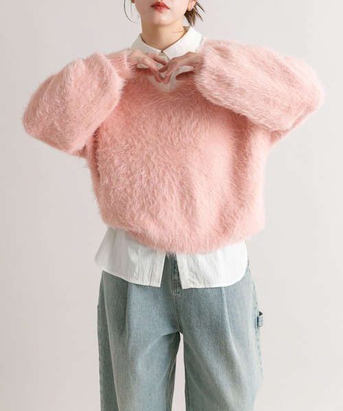 KBF（ケイビーエフ）の「シャギーVネックニット（ニット/セーター・レディース・アイボリー/ピンク/ダークブラウン・ONE）」の18枚目の写真