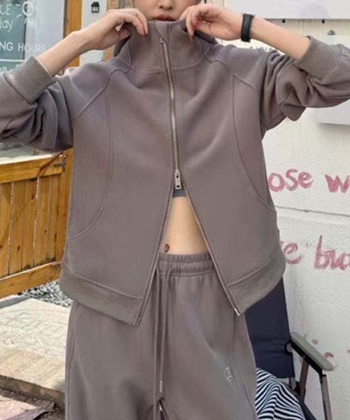 aimoha（アイモハ）の「ハイネックジップアップパーカー（パーカー・レディース・チョコ/グレー/ベージュ/ライトグリーン/ピンク・MEDIUM/X-LARGE/LARGE）」の2枚目の写真