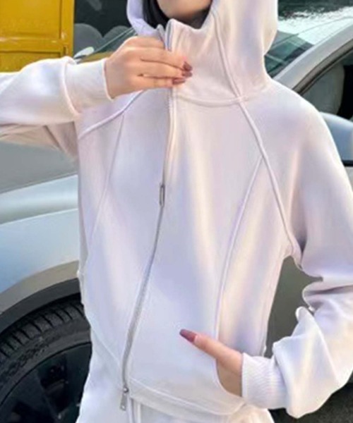 aimoha（アイモハ）の「ハイネックジップアップパーカー（パーカー・レディース・チョコ/グレー/ベージュ/ライトグリーン/ピンク・MEDIUM/X-LARGE/LARGE）」の5枚目の写真