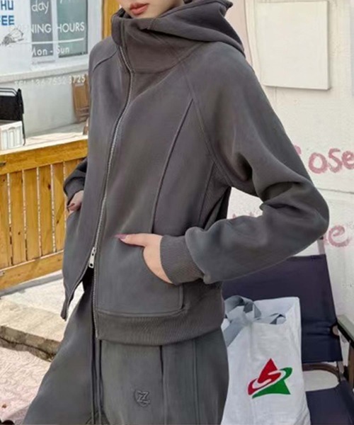 aimoha（アイモハ）の「ハイネックジップアップパーカー（パーカー・レディース・チョコ/グレー/ベージュ/ライトグリーン/ピンク・MEDIUM/X-LARGE/LARGE）」の6枚目の写真