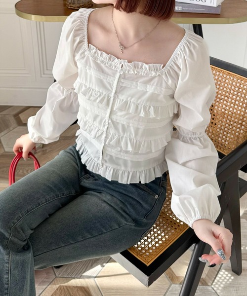 clear（クリア）の「フロントフリルスクエアネックブラウス[着回し力万能 大人綺麗目]（シャツ/ブラウス・レディース・サックスブルー/オフホワイト/ブラック・F）」の19枚目の写真