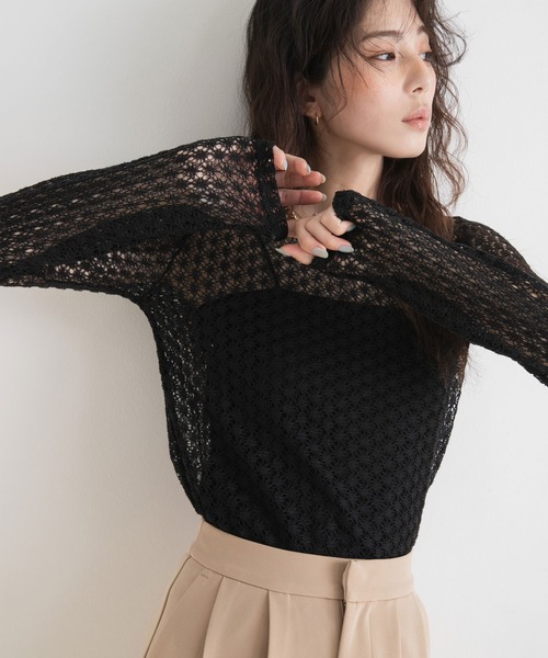 rectangle(レクタングル)の「透かし編みシアーカットソー(Tシャツ/カットソー・レディース・レッド/アイボリー/ブラック・FREE)」の1枚目の写真
