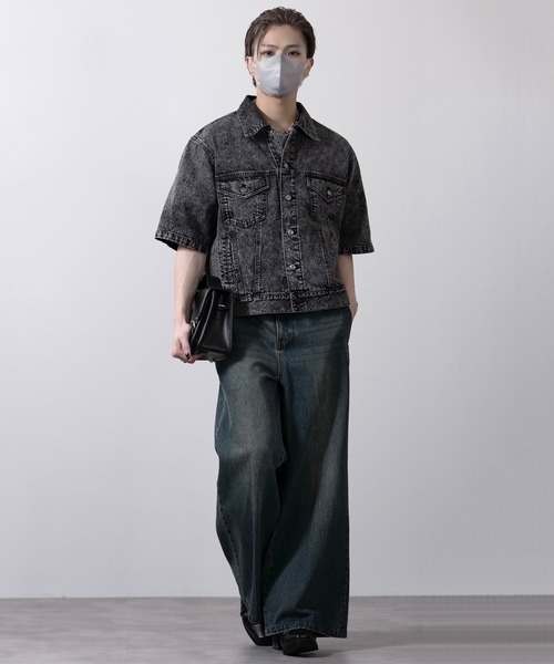 CLEL ライトオンス デニムトラッカー半袖シャツ ブラック系 サイズM CLEL】Light Oz Denim Trucker Short Sleeve Shirt/ライトオンス