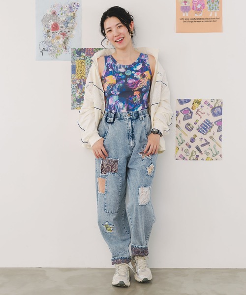 ScoLar(スカラー)の「151676:花・コラージュ・クラゲ柄 3柄展開カップ付きタンク(タンクトップ・レディース・アイボリー/ネイビー/ブラック・M)」の8枚目の写真