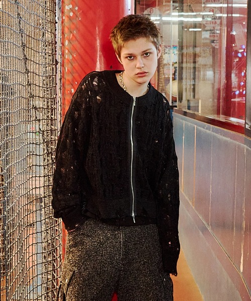 Openwork zip knit cardigan/オープンワークジップニット