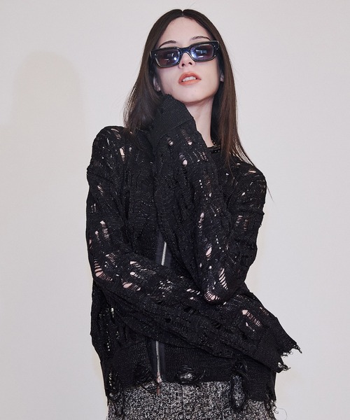 Openwork zip knit cardigan/オープンワークジップニット