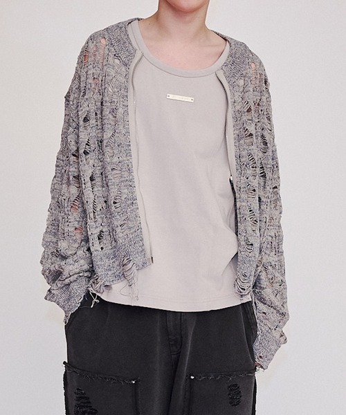 Openwork zip knit cardigan/オープンワークジップニット
