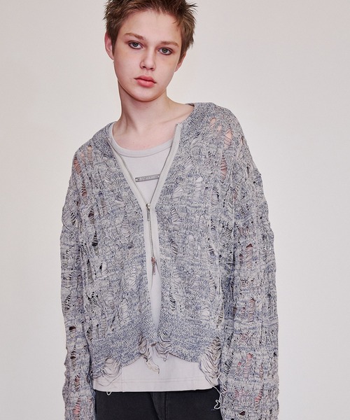 Openwork zip knit cardigan/オープンワークジップニット