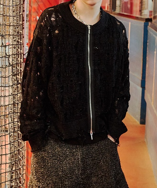 VI E DIT(ヴィエディット)の「Openwork zip knit cardigan/オープンワークジップニットカーディガン/洗える/コットンニット(カーディガン/ボレロ・メンズ・グレー/ブラック・1/2)」の5枚目の写真