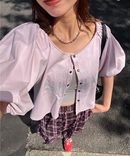 CIAOPANIC（チャオパニック）の「バルーンスリーブTシャツカーデ（Tシャツ/カットソー・レディース・ライトグレー/グリーン/ピンク/チャコールグレー・ONE SIZE）」の1枚目の写真