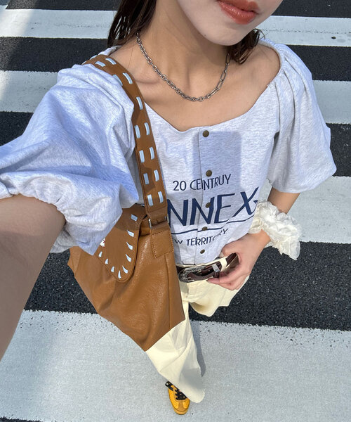 CIAOPANIC（チャオパニック）の「バルーンスリーブTシャツカーデ（Tシャツ/カットソー・レディース・ライトグレー/グリーン/ピンク/チャコールグレー・ONE SIZE）」の5枚目の写真