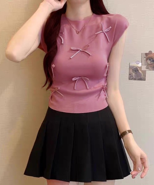VIBGYOR(ヴィブジョー)の「【EIZZ/アイズ】リボンディテール リブニット ノースリーブトップス(Tシャツ/カットソー・レディース・アイボリー/レッド/ピンク/グリーン/ブラック・FREE)」の5枚目の写真