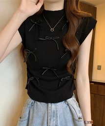 【EIZZ/アイズ】リボンディテール リブニット ノースリーブトップス
