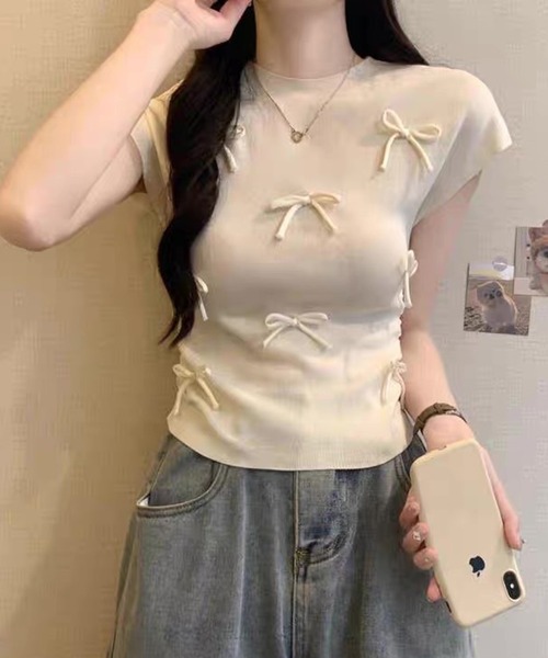 VIBGYOR(ヴィブジョー)の「【EIZZ/アイズ】リボンディテール リブニット ノースリーブトップス(Tシャツ/カットソー・レディース・アイボリー/レッド/ピンク/グリーン/ブラック・FREE)」の7枚目の写真