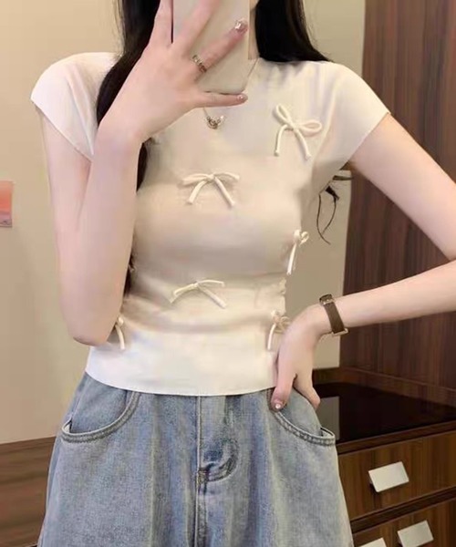 VIBGYOR(ヴィブジョー)の「【EIZZ/アイズ】リボンディテール リブニット ノースリーブトップス(Tシャツ/カットソー・レディース・アイボリー/レッド/ピンク/グリーン/ブラック・FREE)」の9枚目の写真