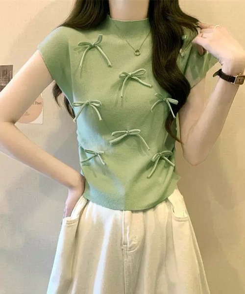 VIBGYOR(ヴィブジョー)の「【EIZZ/アイズ】リボンディテール リブニット ノースリーブトップス(Tシャツ/カットソー・レディース・アイボリー/レッド/ピンク/グリーン/ブラック・FREE)」の11枚目の写真