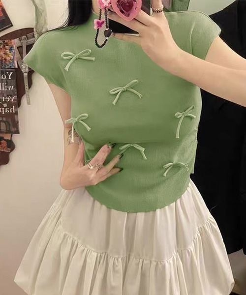 VIBGYOR(ヴィブジョー)の「【EIZZ/アイズ】リボンディテール リブニット ノースリーブトップス(Tシャツ/カットソー・レディース・アイボリー/レッド/ピンク/グリーン/ブラック・FREE)」の13枚目の写真