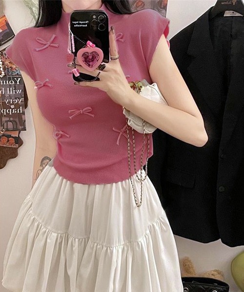 VIBGYOR(ヴィブジョー)の「【EIZZ/アイズ】リボンディテール リブニット ノースリーブトップス(Tシャツ/カットソー・レディース・アイボリー/レッド/ピンク/グリーン/ブラック・FREE)」の14枚目の写真