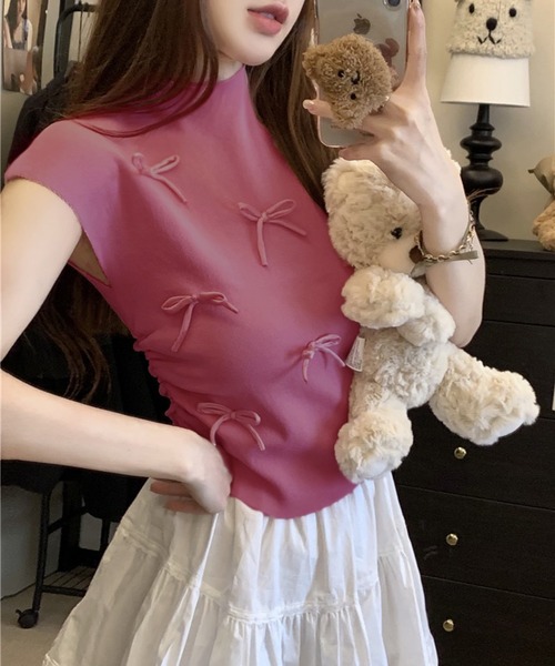 VIBGYOR(ヴィブジョー)の「【EIZZ/アイズ】リボンディテール リブニット ノースリーブトップス(Tシャツ/カットソー・レディース・アイボリー/レッド/ピンク/グリーン/ブラック・FREE)」の16枚目の写真