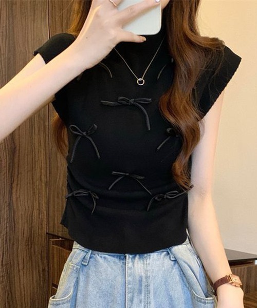 VIBGYOR(ヴィブジョー)の「【EIZZ/アイズ】リボンディテール リブニット ノースリーブトップス(Tシャツ/カットソー・レディース・アイボリー/レッド/ピンク/グリーン/ブラック・FREE)」の18枚目の写真