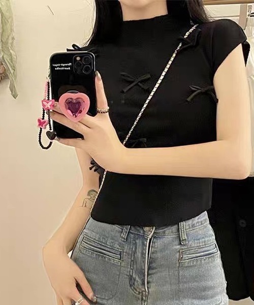 VIBGYOR(ヴィブジョー)の「【EIZZ/アイズ】リボンディテール リブニット ノースリーブトップス(Tシャツ/カットソー・レディース・アイボリー/レッド/ピンク/グリーン/ブラック・FREE)」の21枚目の写真