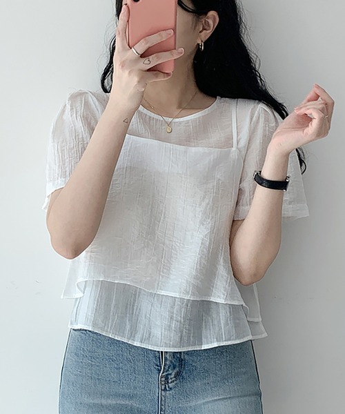 LAFFMO（ラフモ）の「ワッシャーブラウス&ビスチェ 2点セット（シャツ/ブラウス・レディース・ブルー/ブラック/アイボリー/ピンク/ホワイト・F）」の2枚目の写真