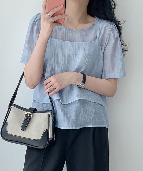 LAFFMO（ラフモ）の「ワッシャーブラウス&ビスチェ 2点セット（シャツ/ブラウス・レディース・ブルー/ブラック/アイボリー/ピンク/ホワイト・F）」の4枚目の写真