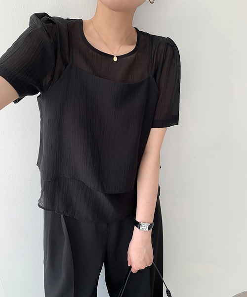 LAFFMO（ラフモ）の「ワッシャーブラウス&ビスチェ 2点セット（シャツ/ブラウス・レディース・ブルー/ブラック/アイボリー/ピンク/ホワイト・F）」の12枚目の写真