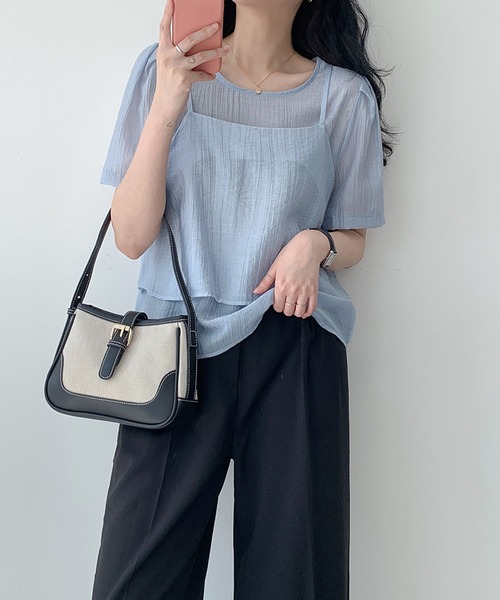 LAFFMO（ラフモ）の「ワッシャーブラウス&ビスチェ 2点セット（シャツ/ブラウス・レディース・ブルー/ブラック/アイボリー/ピンク/ホワイト・F）」の18枚目の写真