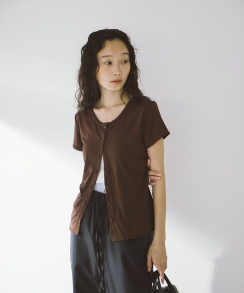 ピコレースパフスリーブリブトップス（Tシャツ/カットソー
