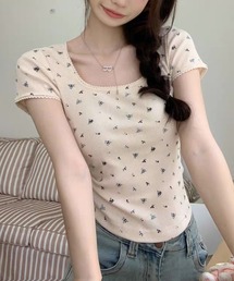 Tシャツ 小花柄 プリント レーストリム ミニT スリムTシャツ