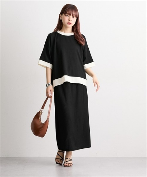 nissen(ニッセン)の「楊柳カットソージャガード上下セットアップ(配色半袖PO+タイトスカート)(セットアップ・レディース・ブラック×ホワイト/ブラック・LL/3L/M/L)」の5枚目の写真