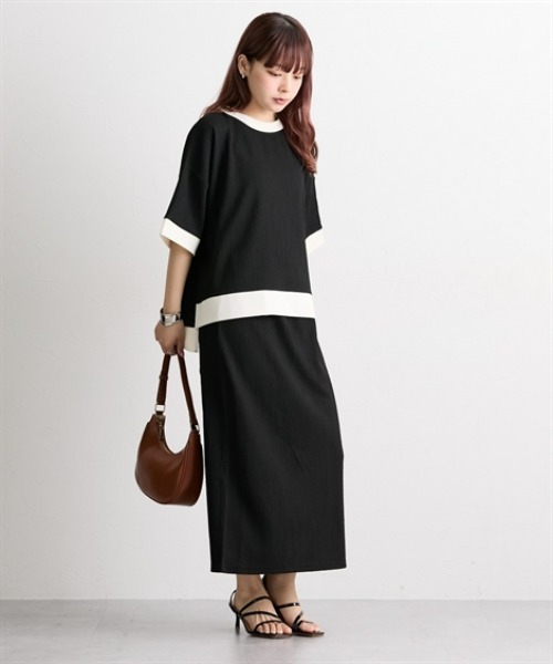 nissen(ニッセン)の「楊柳カットソージャガード上下セットアップ(配色半袖PO+タイトスカート)(セットアップ・レディース・ブラック×ホワイト/ブラック・LL/3L/M/L)」の6枚目の写真