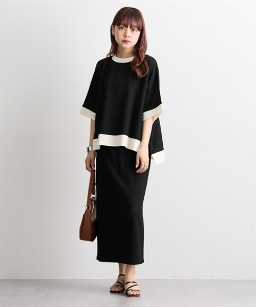 nissen(ニッセン)の「楊柳カットソージャガード上下セットアップ(配色半袖PO+タイトスカート)(セットアップ・レディース・ブラック×ホワイト/ブラック・LL/3L/M/L)」の7枚目の写真